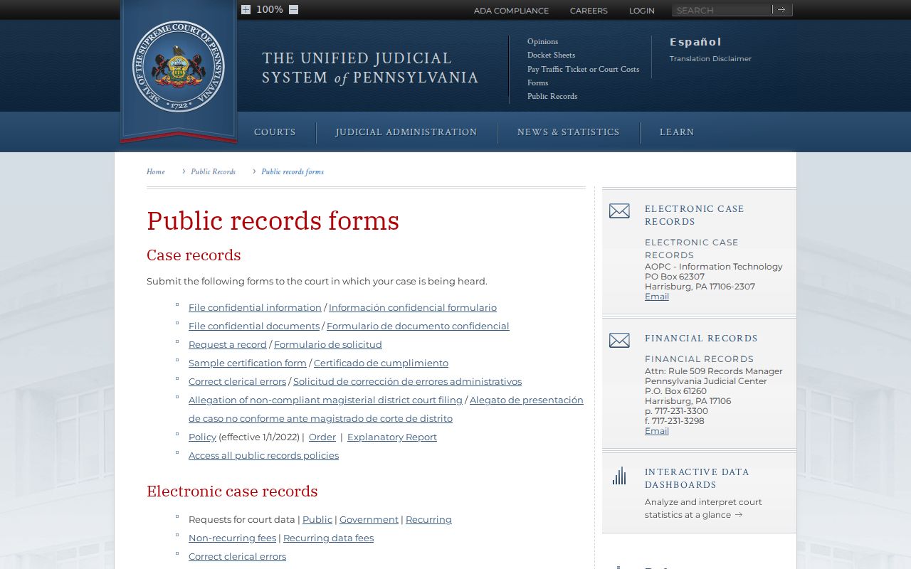 Pennsylvania court record forms for Cambria County criminal cases