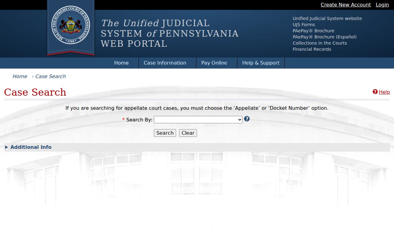 Cambria County criminal court case search on the Pennsylvania UJS portal
