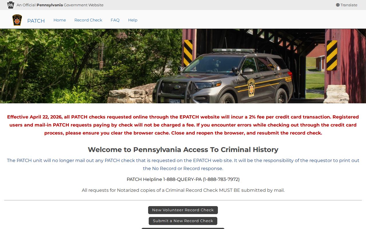 Cambria County criminal history search through the PATCH portal