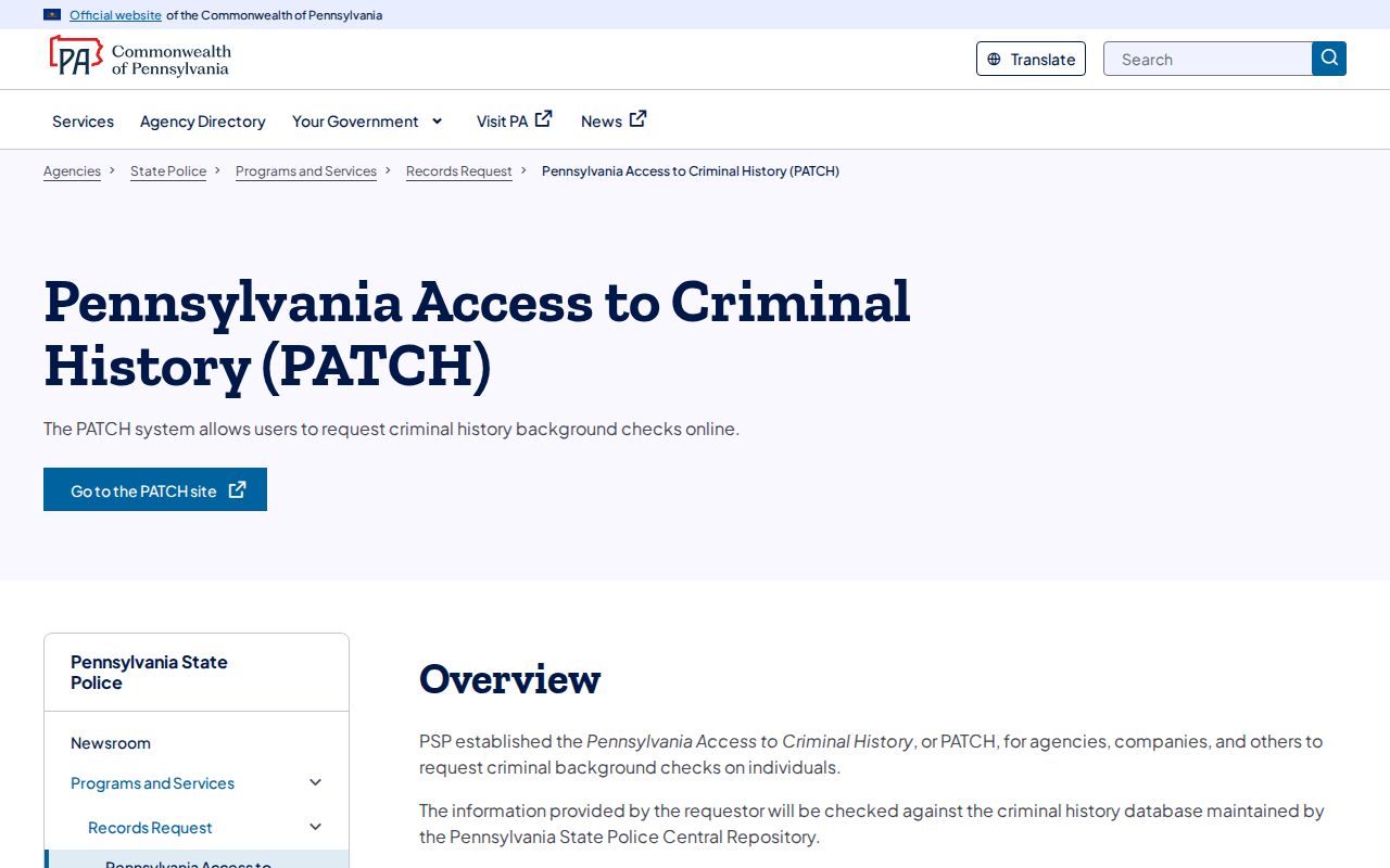 PATCH status explanations for Cambria County criminal history requests