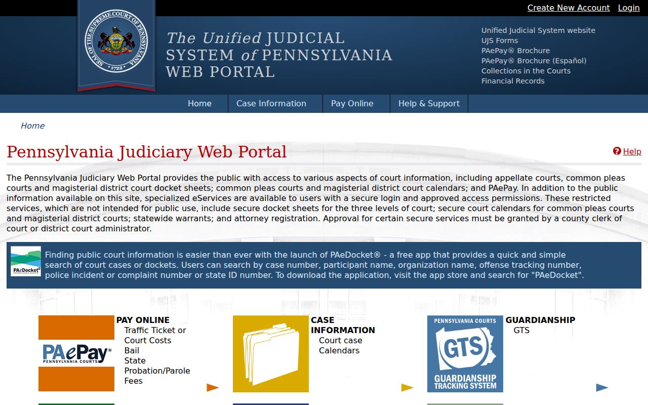 Pennsylvania UJS docket tools for Cambria County criminal records