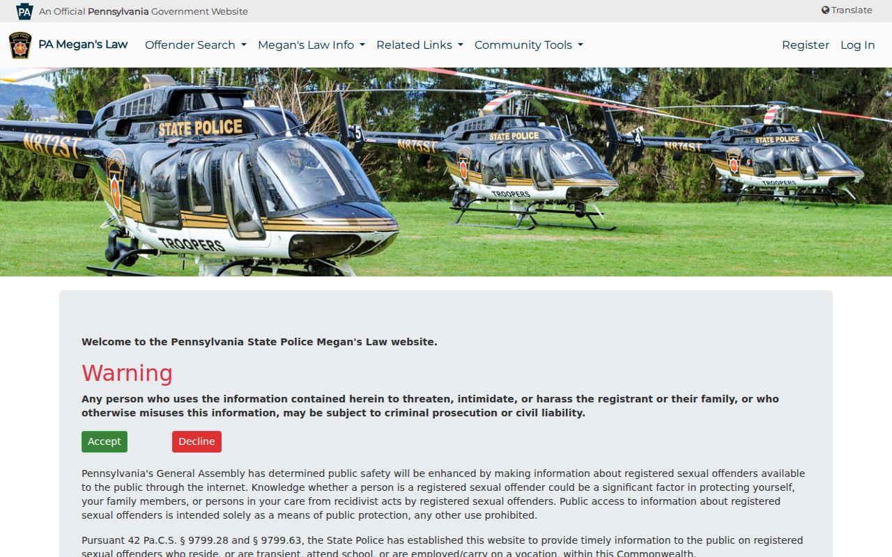Cambria County sex offender search on the PSP Megan's Law website